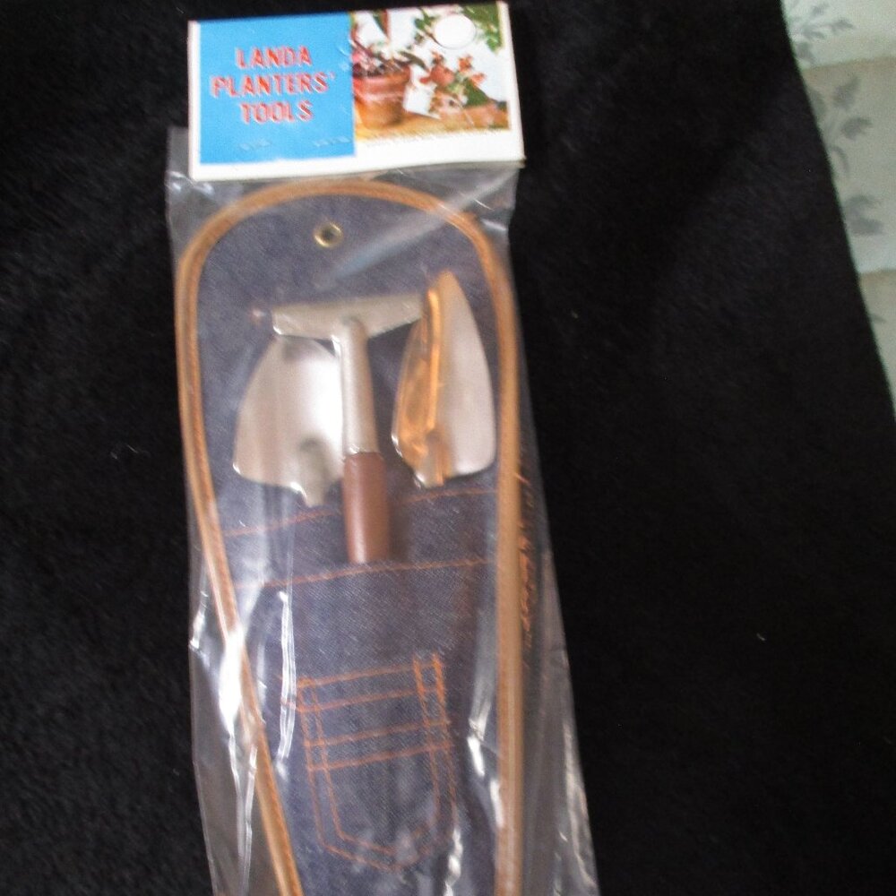 Vintage Landa Mini Planters' Tools Rake Shovel Spade in Denim Pouch NEW